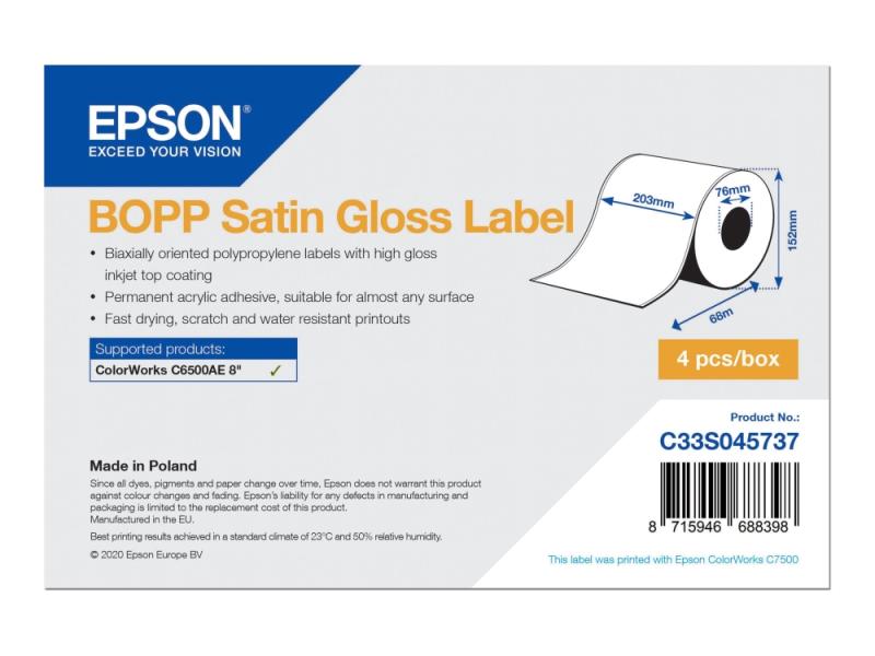 Epson - Biaksialt Rettet Polypropylen (Pp) - Skinnende Satin - Permanent Akryllisk Klæbemiddel - Topbelagt - Hvid - Rulle (20,3 Cm X 68 M) 4 Rulle(R)
