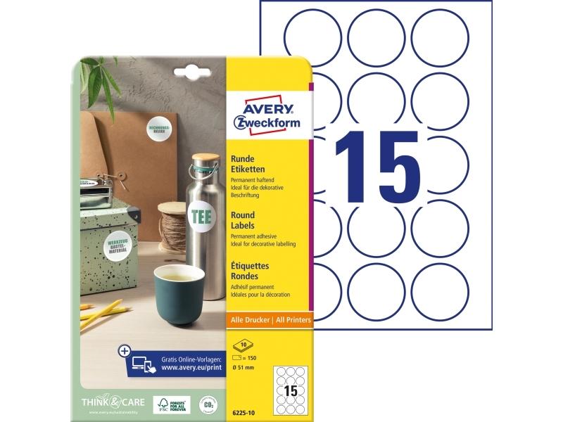 Produktetiketter Avery Ø51 Mm Hvid - (10 Ark X 15 Stk.)