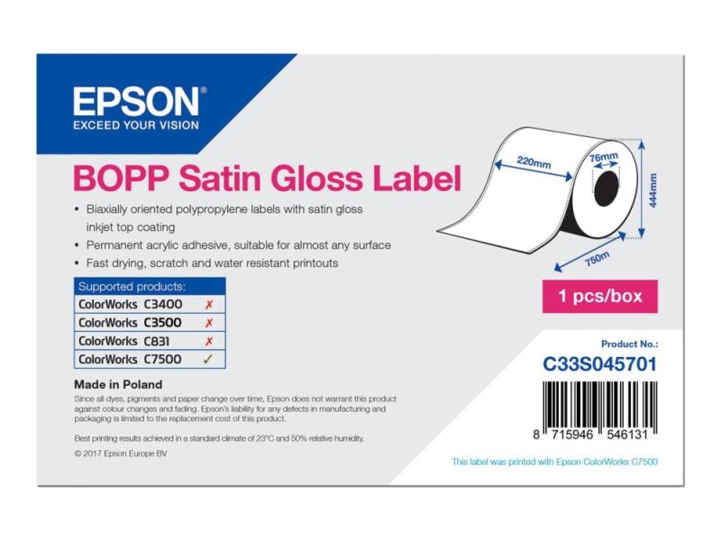 Epson - Biaksialt Rettet Polypropylen (Pp) - Skinnende Satin - Permanent Akryllisk Klæbemiddel - Topbelagt - Rulle (22 Cm X 750 M) 1 Rulle(R) Fortløb
