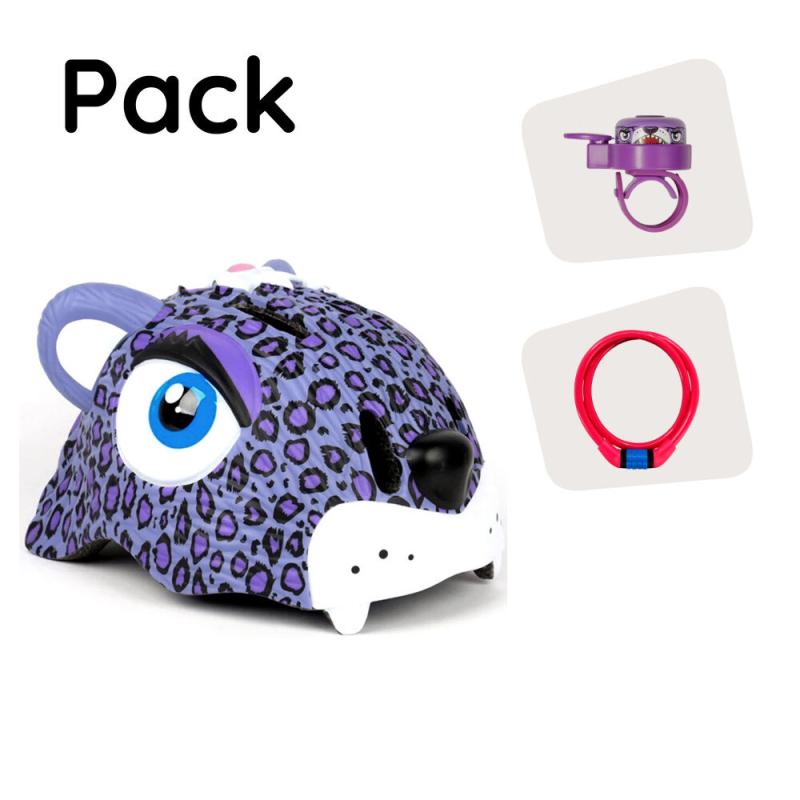 Crazy Safety Bundle - Børnecykelhjelm, Lås & Klokke - Lilla Leopard