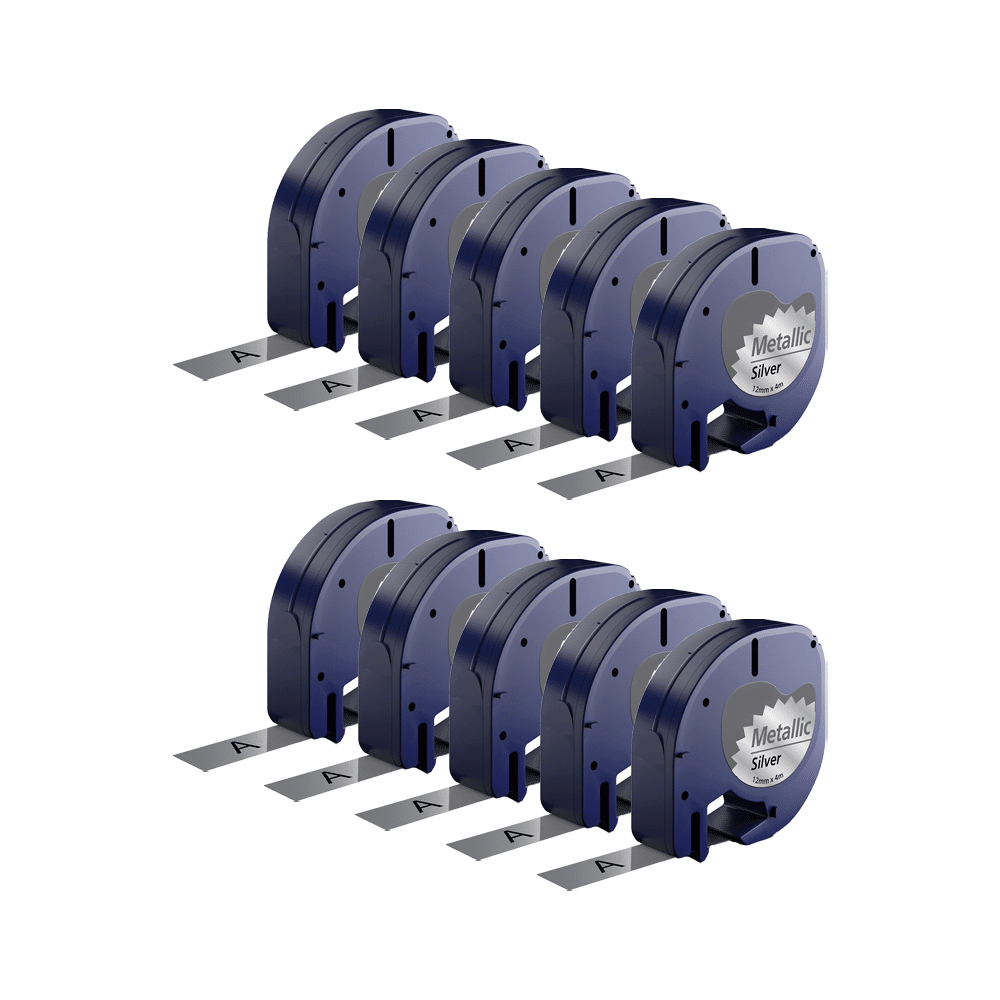 Rabat sæt! 10 stk. Dymo 91208 / 91228 sort på sølvmetallic plastiktape 12 mm x 4 m - Kompatibel - S0721730