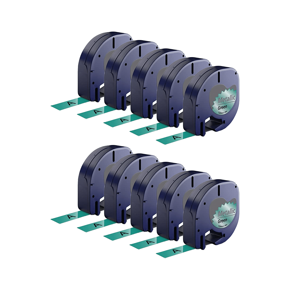 Rabat sæt! 10 stk. Dymo 91209 / 91229 sort på grønmetallic plastiktape 12 mm x 4 m - Kompatibel - S0721740
